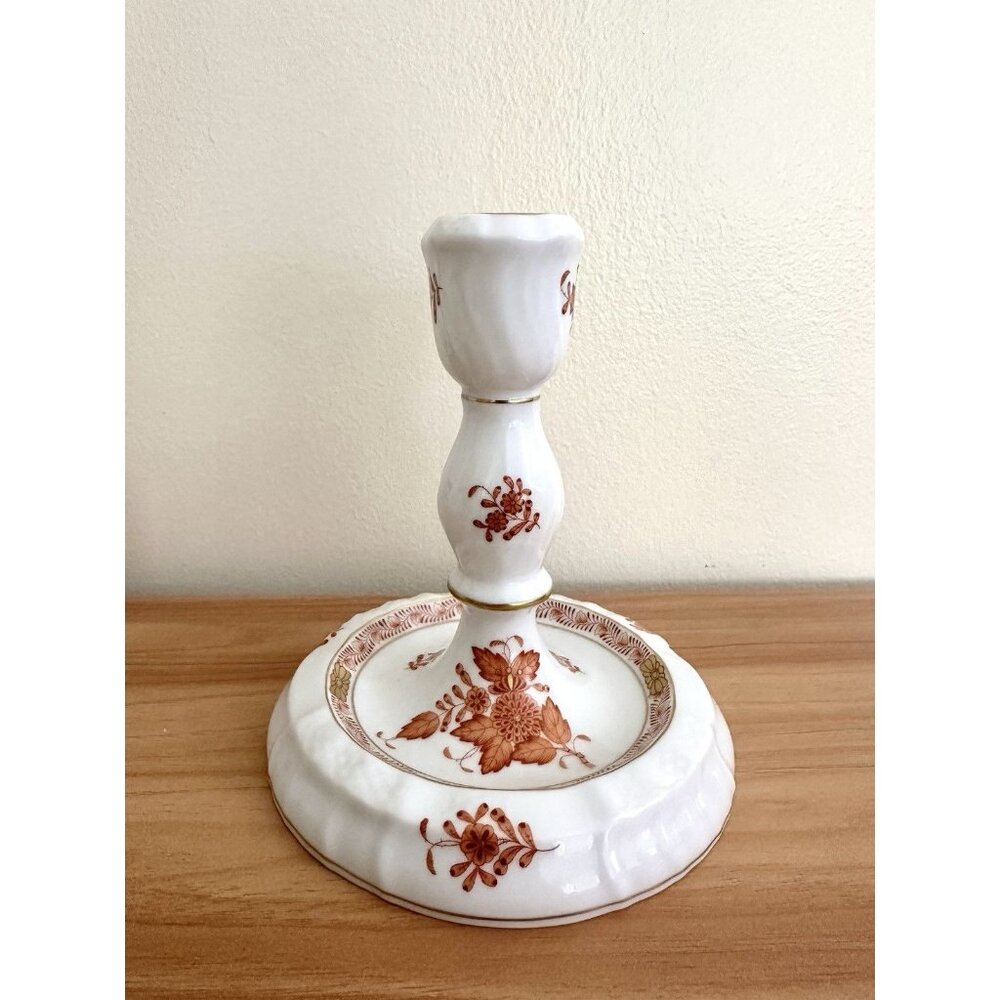 Herend Hand Painted Porcelain Candlestick Holder Chinese Bouquet Rust